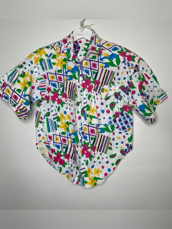 Vintage Tops - VINTAGE 80s KZK LIMITED GEOMETRIC NEON BUTTON DOWN CROP TOP SZ S LADIES